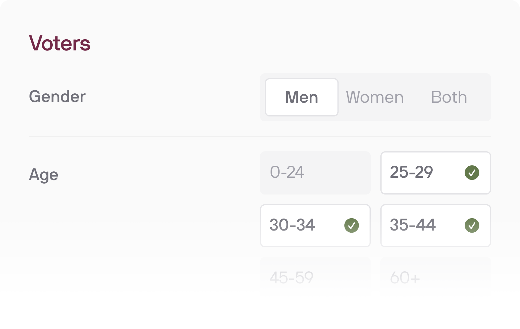 Photo testing audience selector to choose voter gender and age for dating feedback